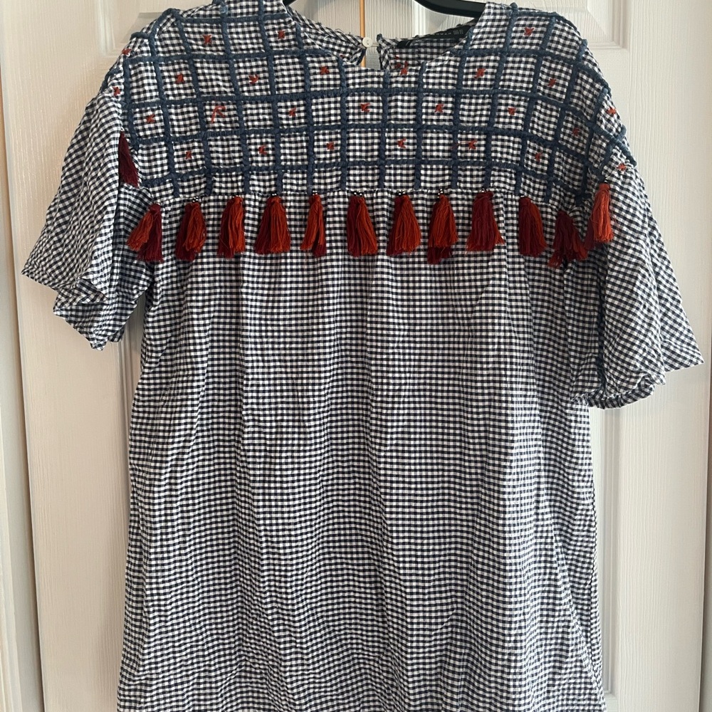 Zara Blue and White Gingham Dress with Red Accents